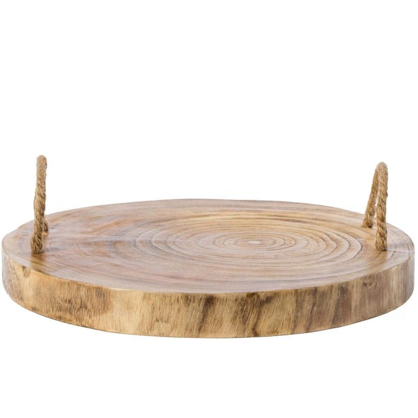 Vintiquewise Brown Wood Round Tray Serving Platter Board with Rope Handles