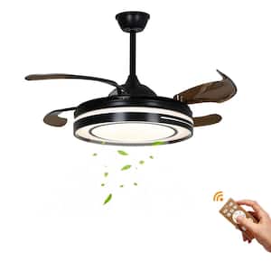 42 in. Indoor Black Modern Retractable Ceiling Fan with Adjustable White Integrated LED, Remote and Reversible Motor
