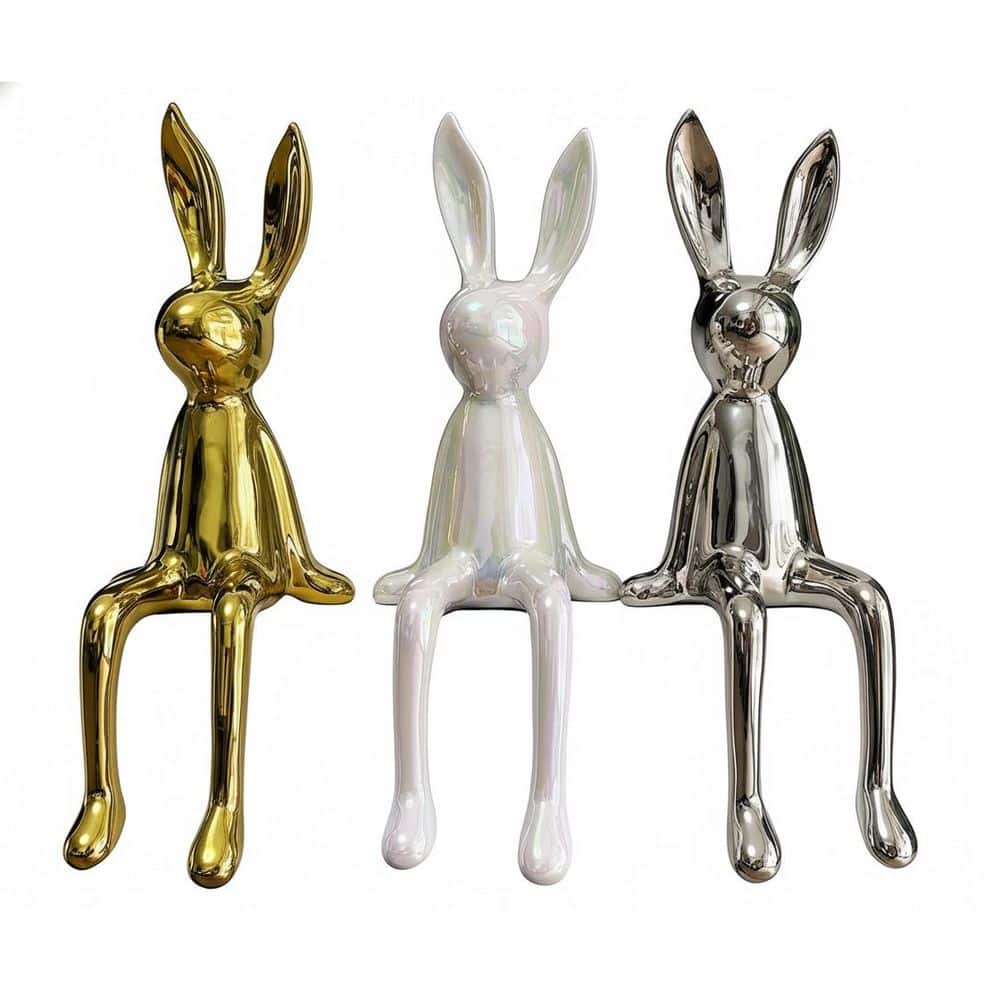 8.46 in. x 3.54 in. 3-Piece Rabbit Sculptures Ceramic- Gold Silver ...