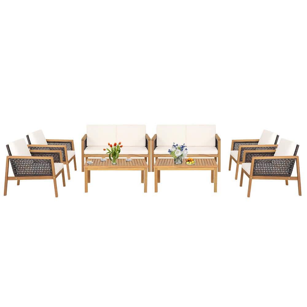 8-Pieces Wicker Patio Conversation Set Acacia Wood Sofa with Off White Cushions price history on PriceWatchPro