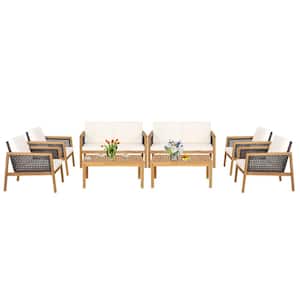 8-Pieces Wicker Patio Conversation Set Acacia Wood Sofa with Off White Cushions