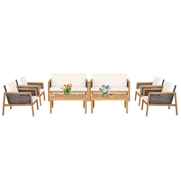 Costway 8-Pieces Wicker Patio Conversation Set Acacia Wood Sofa with Off White Cushions