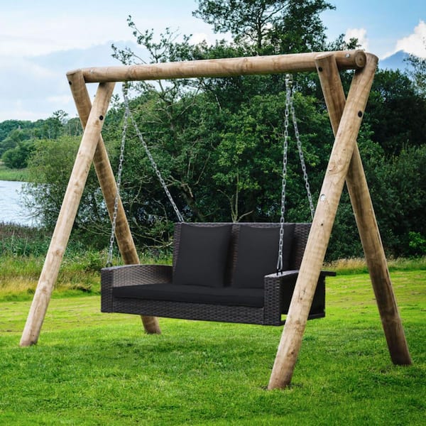 2-Person Wicker Patio Rattan Porch Swing with Black Cushions