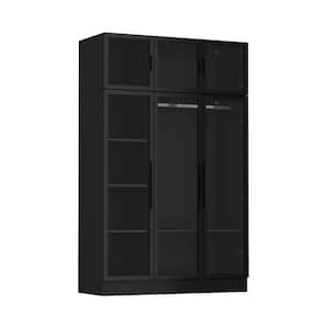 Black Wood 47.2 in. Bedroom Furniture Armoire with Glass Doors, Hanging Rods, Shelves and LED Lighting