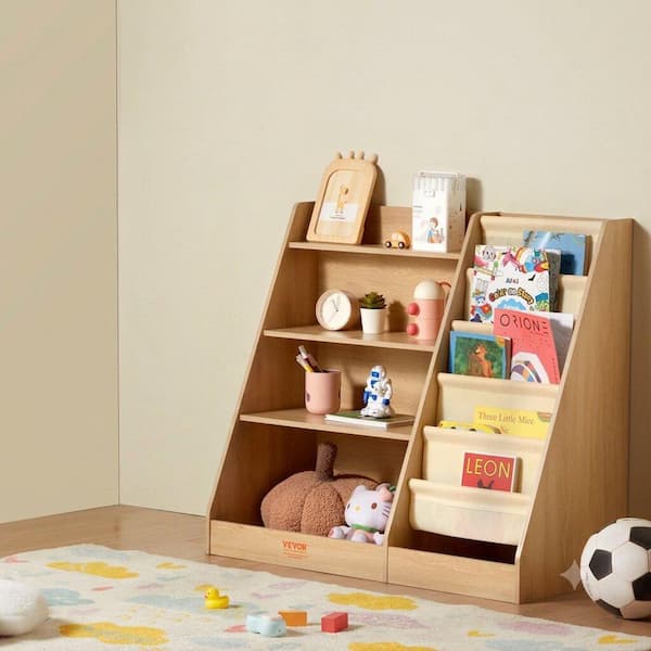 Thalisse 35 in. W Natural 4-Tier Kids Bookcase, Toy Storage Organizer with 6-Layer Sling Book Rack