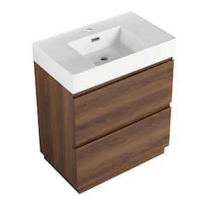 Lesta 29 in. W x 18 in. D x 35 in. H Single Sink Freestanding Soft Closing Bath Vanity in Brown Oak with White Resin Top