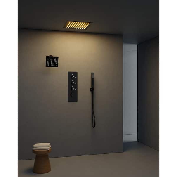 Thermostatic Valve LED Mood Lighting 7-Spray Ceiling Mount 12 and 6 in. Dual and Handheld Shower Head in Matte Black