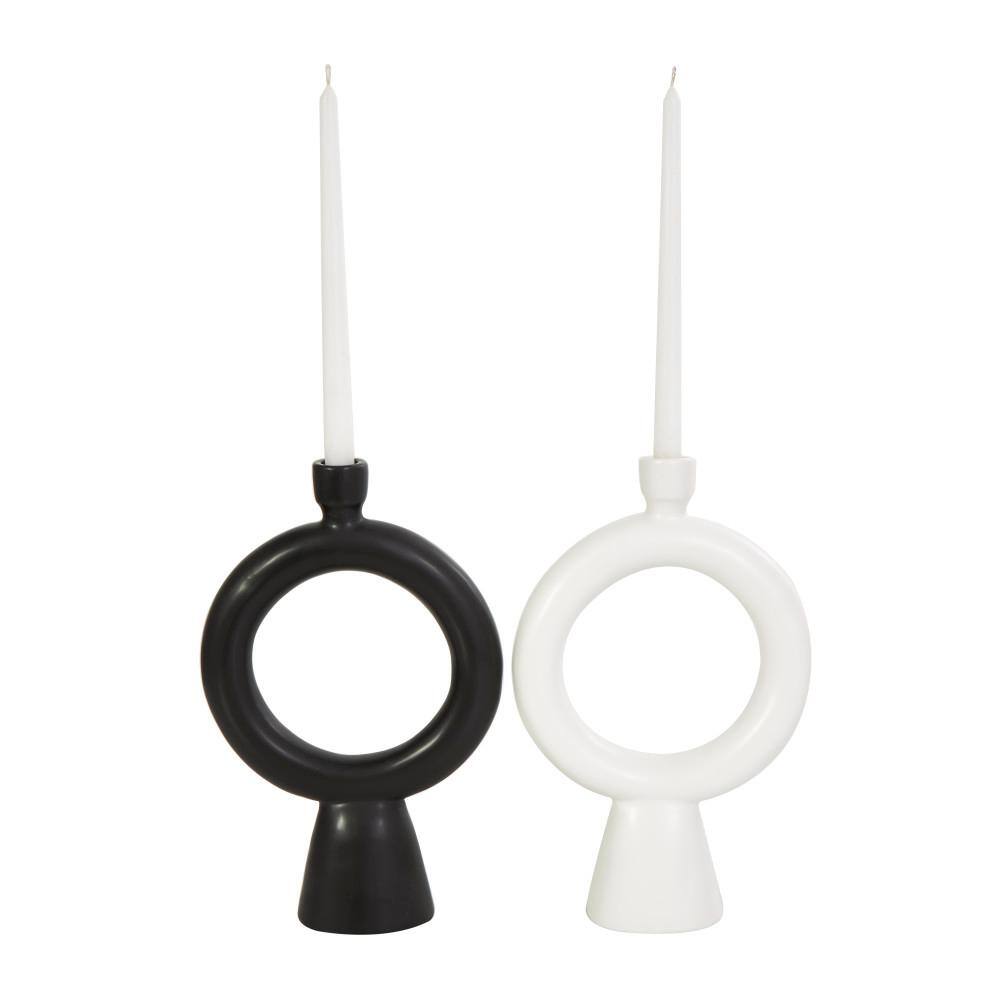 Black and White Ceramic Geometric Ring Tabletop Candlesticks, Set of 2