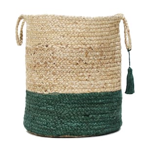 Tan / Hunter Green 19 in. Two-Tone Natural Jute Woven Decorative Storage Basket with Handles