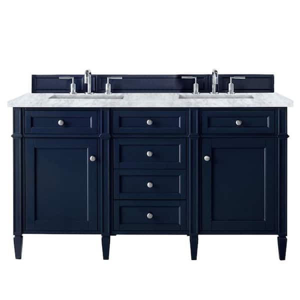 James Martin Vanities Brittany 60 in. W x 23.5 in.D x 34 in. H Double Bath Vanity in Victory Blue with Marble Top in Carrara White