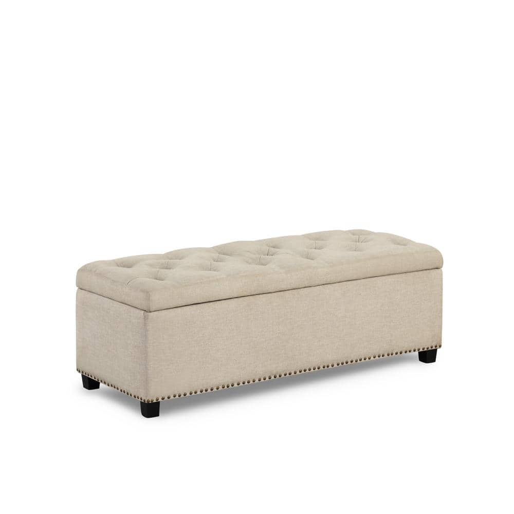 Cole Beige 48 in. Linen Upholstered Bedroom Bench With Nailhead Trim