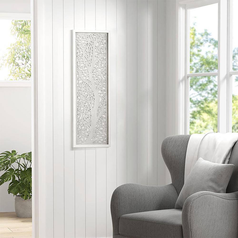 Gray Botanical Carved Wood Wall Decor Panel with Whitewashed Frame