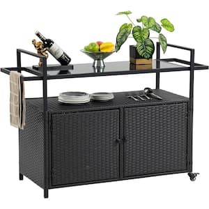 Wicker Outdoor Bar Cart, Patio Wine Serving Cart with Wheels and Glass Top for Backyard Garden Poolside Party, Black