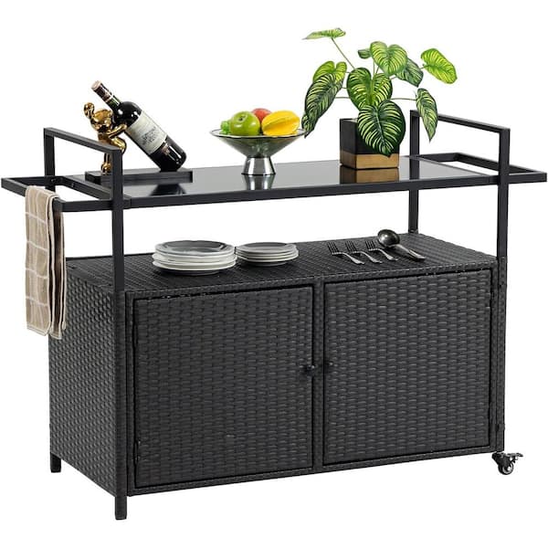 Zeus & Ruta Wicker Outdoor Bar Cart, Patio Wine Serving Cart with ...