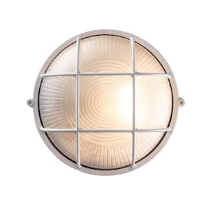 Aria 8 in. 1-Light White Round Bulkhead Outdoor Wall Light Fixture with Frosted Glass