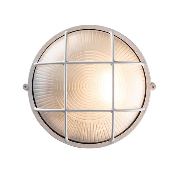 Bel Air Lighting Aria 8 in. 1-Light White Round Bulkhead Outdoor Wall Light Fixture with Frosted Glass