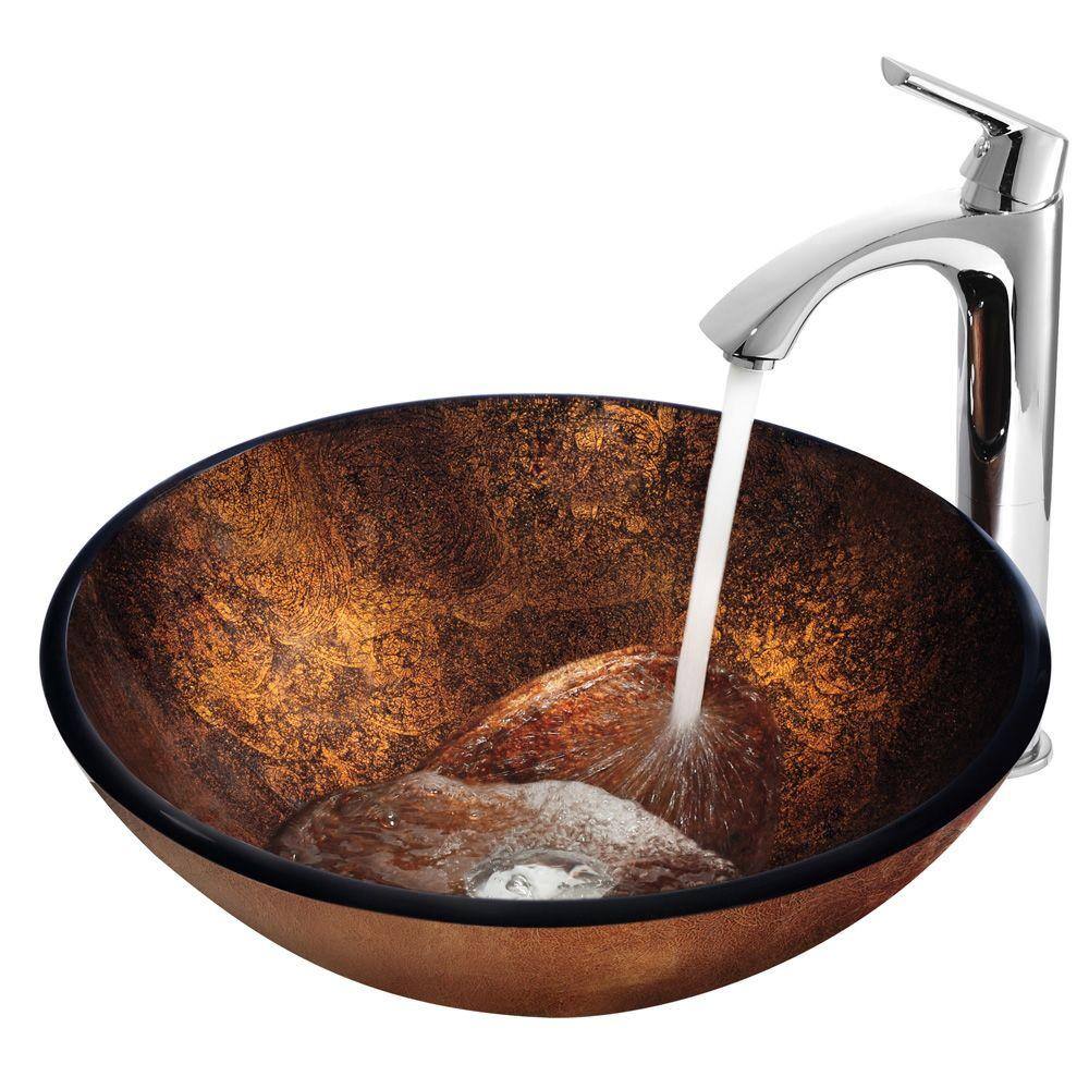 Russet Gold and Brown Glass Round Vessel Sink with Chrome Faucet
