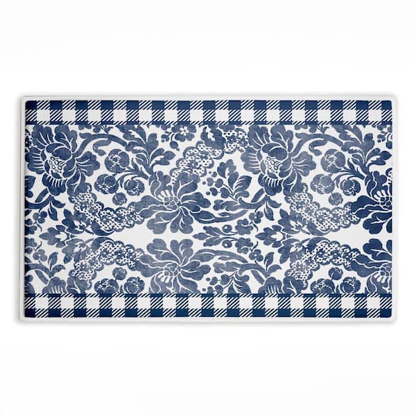 Navy Gingham Florals 18 in. x 30 in. Blue Floral Polyester Blend Rectangle Bath Mat