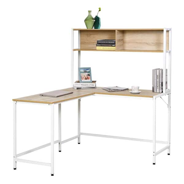 HOMCOM 55 in. L-Shaped Natural Wood Writing Computer Desk with 2-Side Storage Compartments