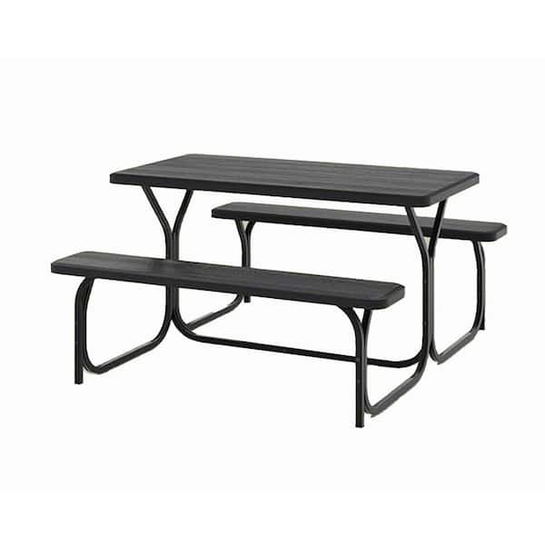 Oyezvary 59 HDPE Steel Frame Rectangular Picnic Table Bench Set Wood-Like Texture Outdoor Camping Garden Patio Lawn Deck Black