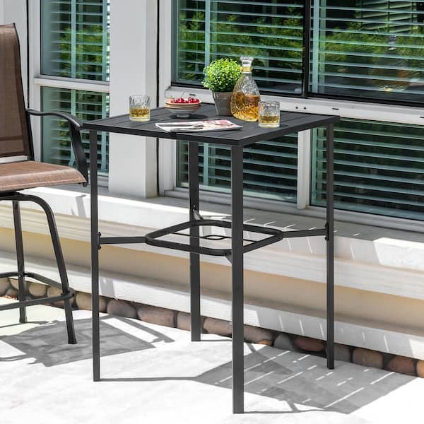 bar height patio table with umbrella hole tempered glass Flash Furniture Tory Commercial Grade Top with and Steel Tube Frame, Clear Top/Black Frame The patio table is made of a sturdy metal frame with E Ktaxon 31'' Black Metal Patio