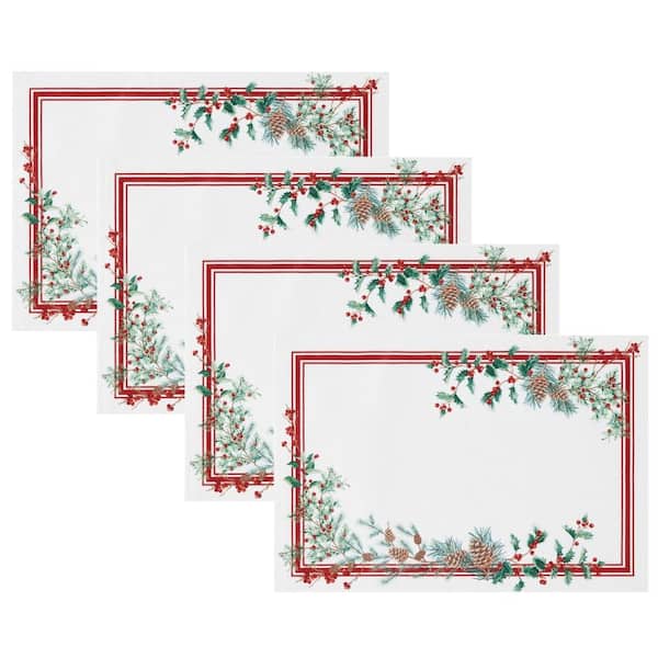 Winter Holiday Berry Fabric Placemat Set of 4, Multicolor - 13"W x 19"L