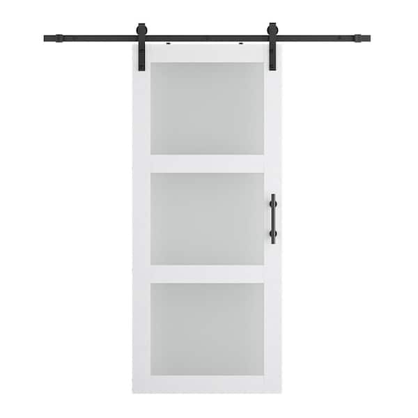 SOCBAZZAR 40 in. x 80 in. 3-Lite Tempered Frosted Glass White Prefinished MDF Sliding Barn Door with Hardware Kit