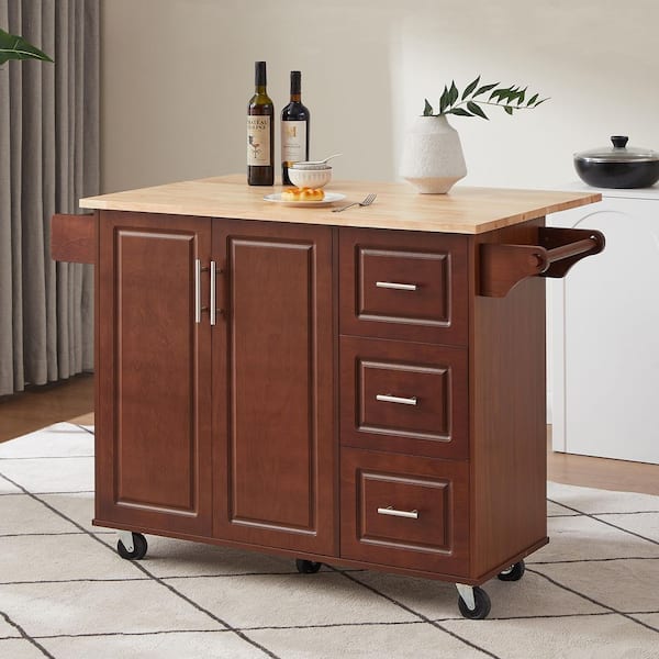 Brown Drop Leaf Wood Top 54 in. Kitchen Island Cart with 3 Drawers Locking Casters and Storage Shelves