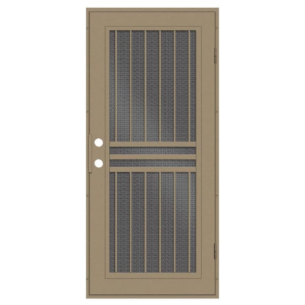Unique Home Designs Plain Bar 30 in. x 80 in. Left Hand/Outswing Desert Sand Aluminum Security Door with Black Perforated Screen