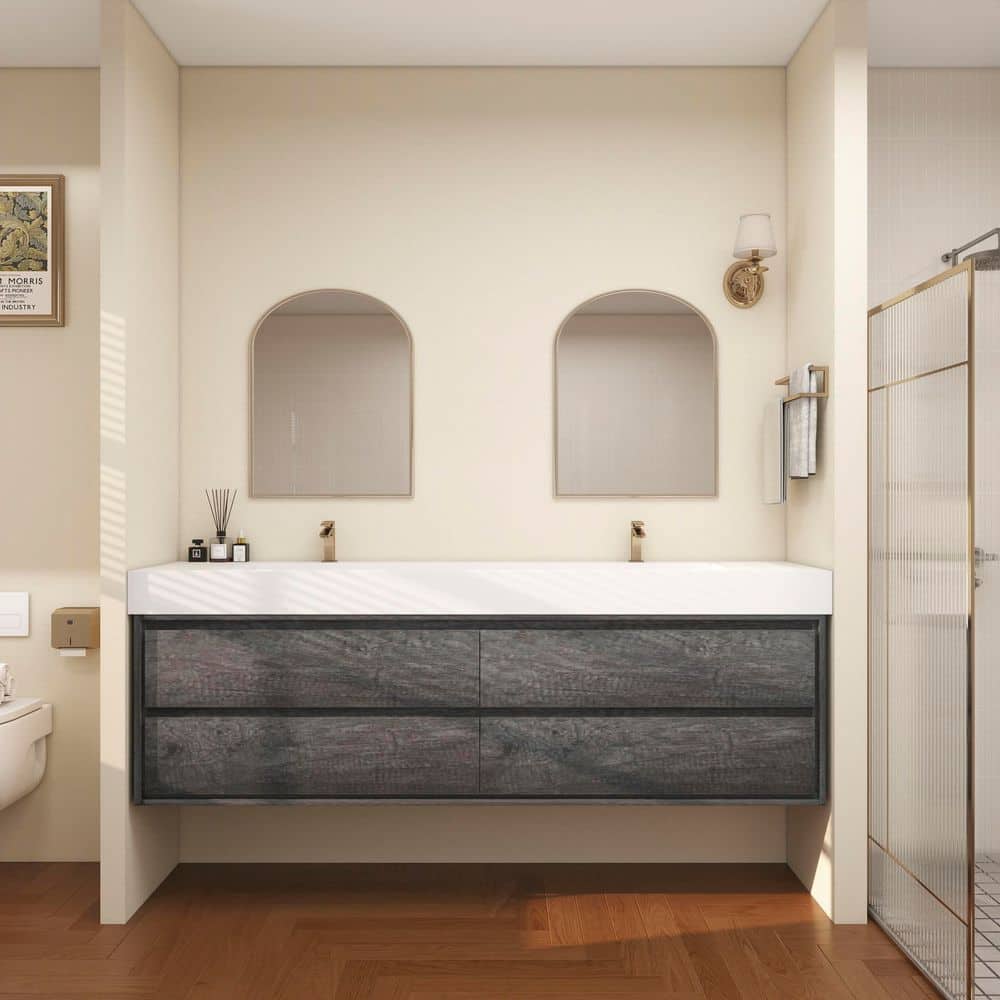 Saggie 84 in. W. x 20 in. D x 28 in. H Double Sink Floating Bath Vanity in Smoke Oak with White Acrylic Top price history on PriceWatchPro