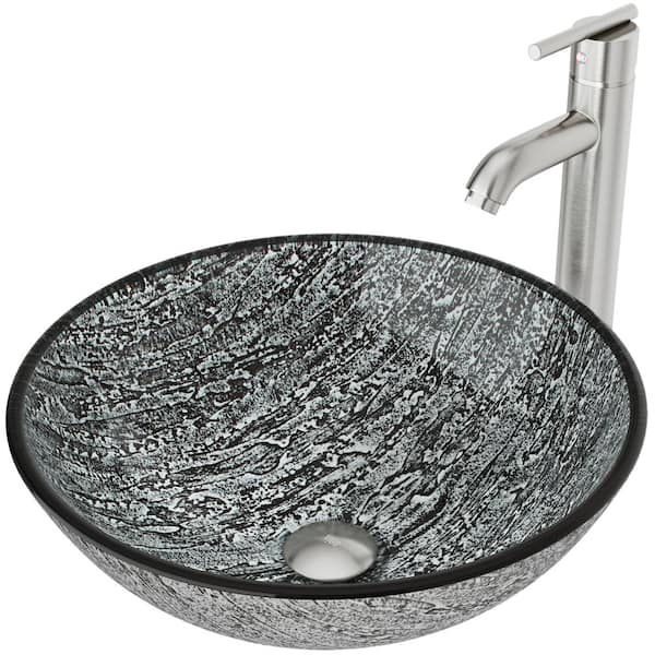 VIGO Glass Round Vessel Bathroom Sink in Titanium Gray with Seville Faucet and Pop-Up Drain in Brushed Nickel