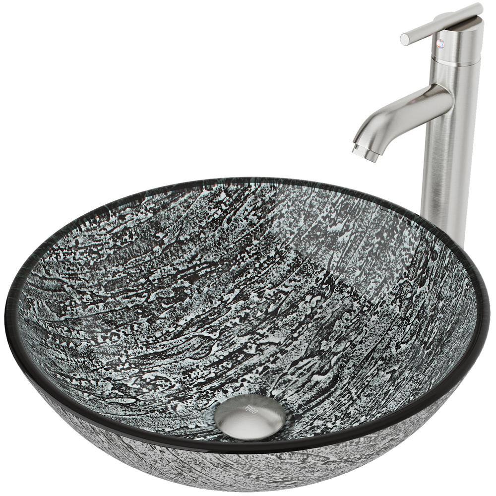 Slate Gray Round Glass Vessel Sink with Brushed Nickel Faucet