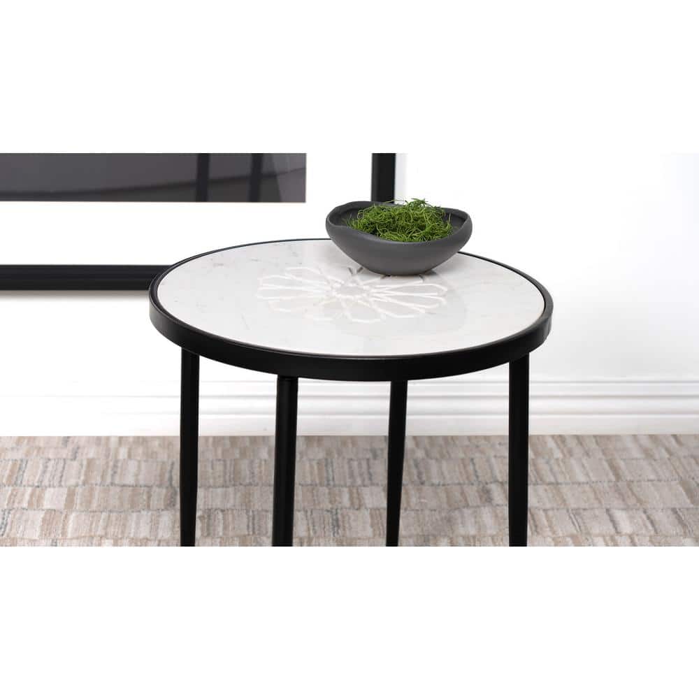 Round White Marble and Black Iron Side Table