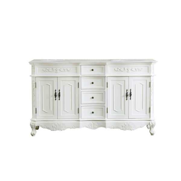 Unbranded Timeless Home 60 in. W x 21 in. D x 36 in. H Double Bathroom Vanity in Antique White with White Marble and White Basin