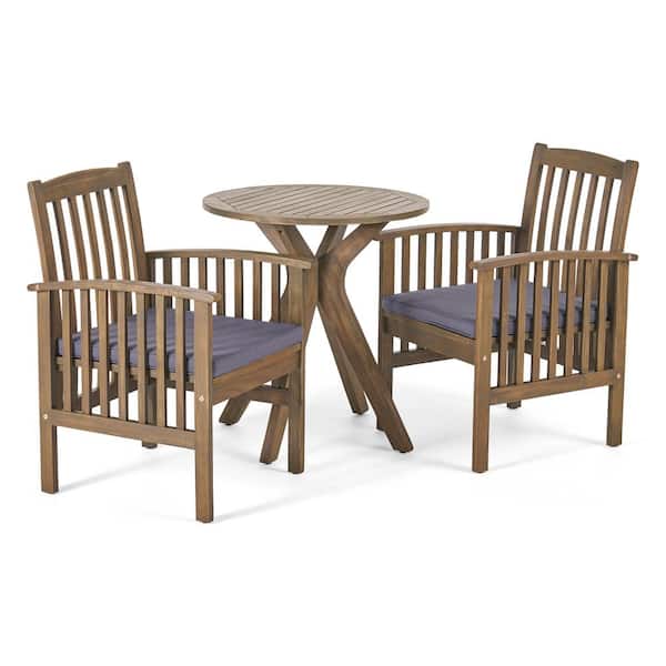 Casa 30 in. Gray 3-Piece Wood Round Patio Outdoor Bistro Set with Dark Grey Cushions