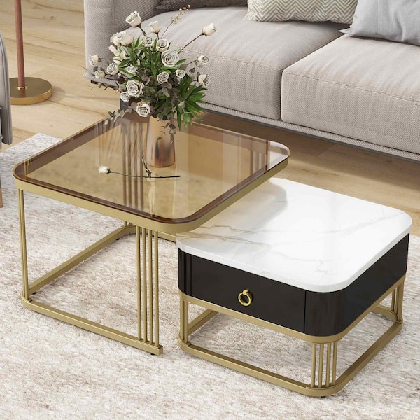 Polibi 23.6 in. Black/Gold Rectangle Faux Marble Coffee Table with Drawer and High Gloss Marble Grain Tabletop