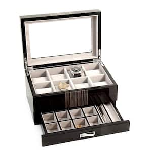 Lacquered Wenge Wood 8-Watch Box with Glass Top Drawer for Cufflinks and Pens