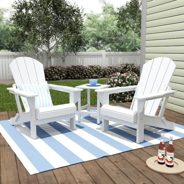 Laguna 3-Piece Fade Resistant Outdoor Patio HDPE Poly Plastic Folding Adirondack Chair Set with Side Table in White