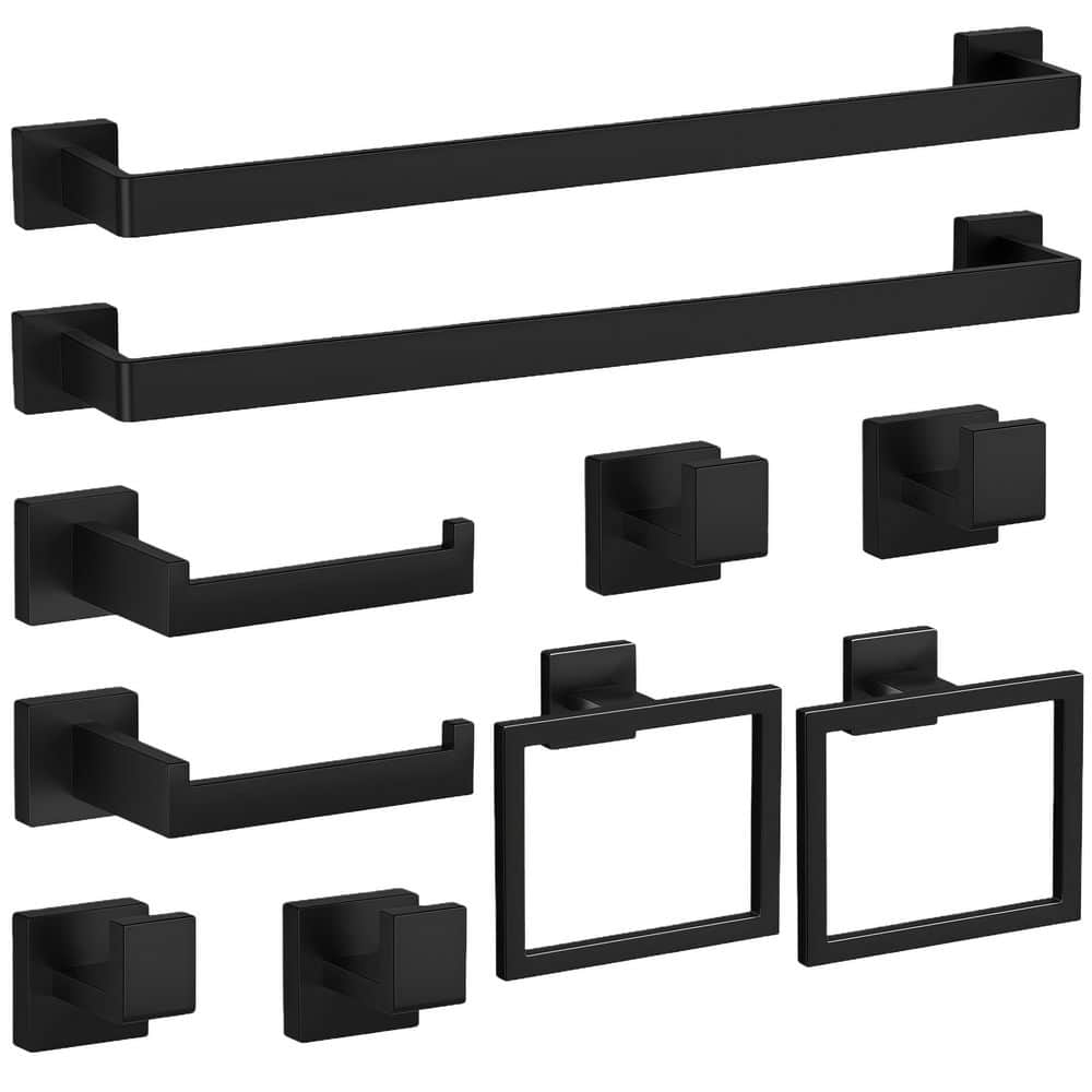 10-Piece Stainless Steel Bathroom Accessories Set, Includes Towel Bar Ring, Paper Holder, Towel Hooks in Matte Black