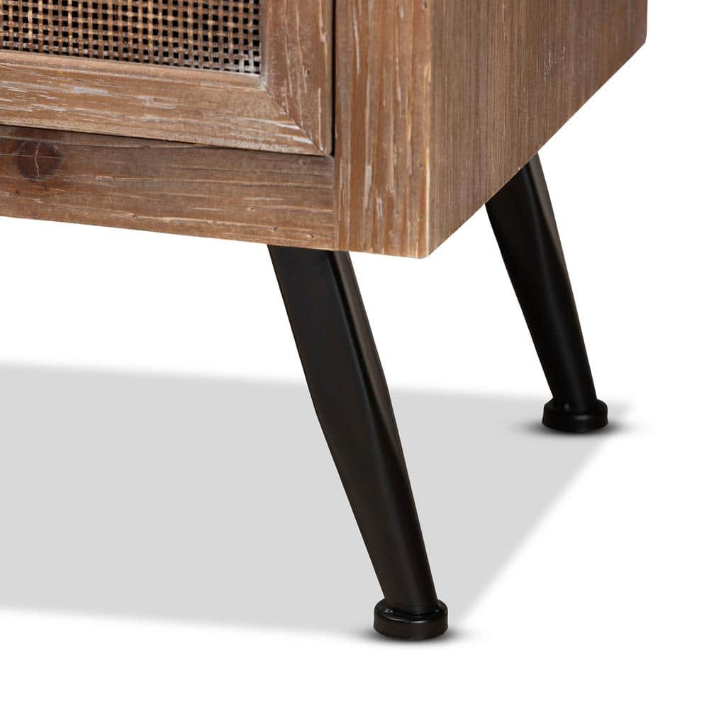 Mid-Century Natural Brown Wood and Rattan 3-Drawer Cabinet