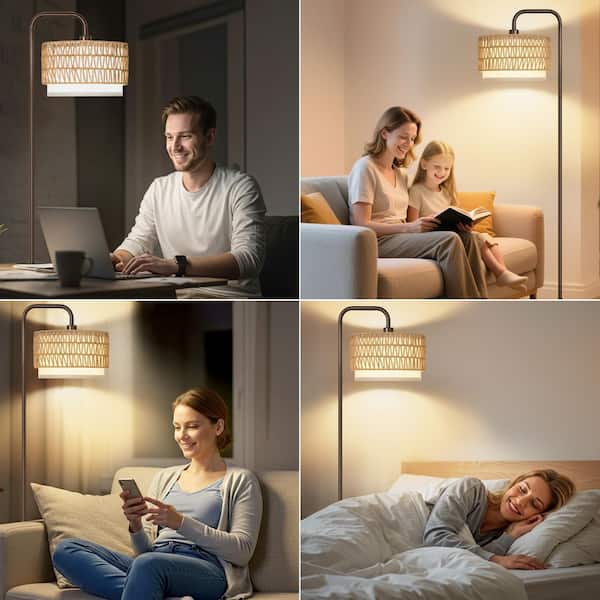 68 in. Brown 1-Light Dimmable Standard Floor Lamp with Color Temperature and Woven Rattan Linen Shade for Living Room