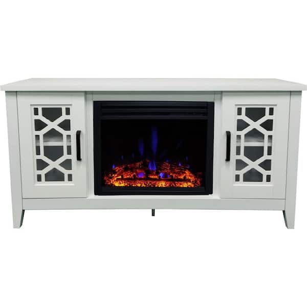 Hanover Arcadia Mid-Century 55.9 in. W Freestanding Electric Fireplace TV Stand in White with Multi-Color Deep Log Insert