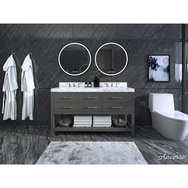 Ancerre Designs Elizabeth 60 in. W x 22 in. D Vanity in Sapphire Gray with Marble Vanity Top in Carrara White with White Basins