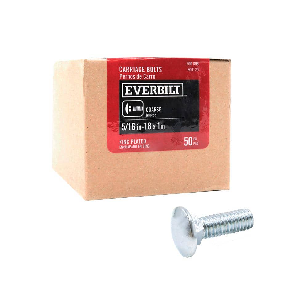 Everbilt 50Pieces 5/16 in.18 x 1 in. ZincPlated Coarse Thread Carriage Bolt 06030 The Home