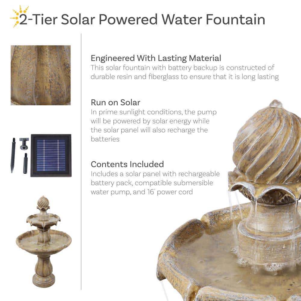 Earth Finish Solar Powered 2-Tier Resin Garden Fountain