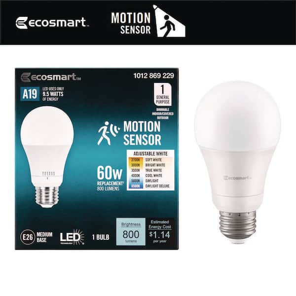EcoSmart 60-Watt Equivalent A19 Dimmable Motion Sensor LED Light Bulb with Selectable Color Temperature (1-Pack)