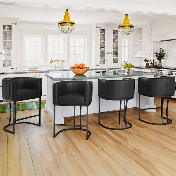 Siska 26 in.Modern Black Faux Leather Upholstered Counter Stool with Black Metal Frame Barrel Counter Bar Stool Set of 4