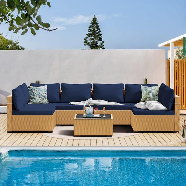 PATIOGUARDER 7-Piece Beige Wicker Patio Conversation Set with Navy Blue Cushions and Coffee Table
