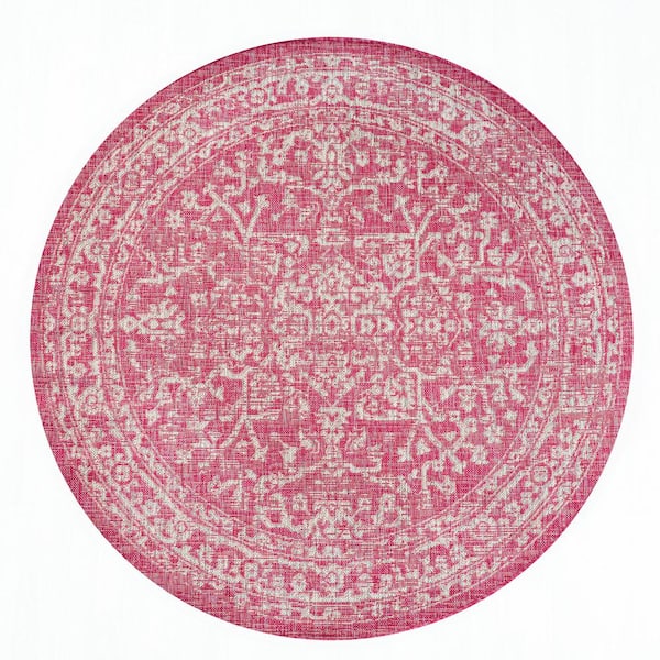 Malta Bohemian Medallion Textured Weave Fuchsia/Light Gray 5 ft. Round Indoor/Outdoor Area Rug