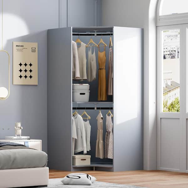 Gray Wood 43.3 in. Polygon Corner Wardrobe Armoire with 2-Hanging Rails and Shelves